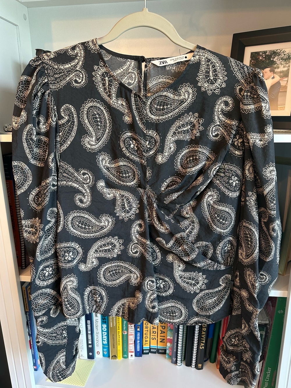 Zara Black and Cream Paisley Twist-Front Blouse
